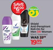 Shield Anti Perspirant Roll On For Men Or Women Assorted-50ml Each