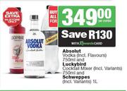 Absolut Vodka (Incl. Flavours) 750ml , Luckybird Cocktail Mixer 750ml & Schweppes(All variants) 1Ltr
