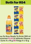 Oros Ready To Drink 300ml + Willards Cheese Curls 4 x 14g Or Flings 4 x 12g-Both For
