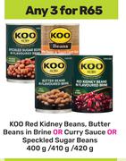 Koo Red Kidney Beans,Butter Beans In Brine Or Curry Sauce Or Speckled Sugar Beans-3x400g/410g/420g