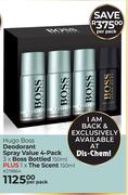 Hugo Boss Deodorant Spray Value 4 Pack 3 x Boss bottles 150ml Plus 1 x Scent 150ml-Per Pack