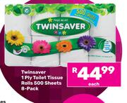 Twinsaver 1 Ply Toilet Tissue Rolls 500 Sheets (8 Pack)-Each