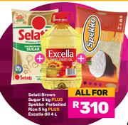 Selati Brown Sugar 5kg Plus Spekko Parboiled Rice 5kg Plus Excella Oil 4ltr-For All