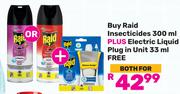 Raid Insecticides 300ml Plus Electric Liquid Plug In Unit 33ml Free-Both For
