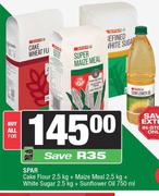 Spar Cake Flour 2.5Kg+Maize Meal 2.5Kg+White Sugar 2.5Kg+Sunflower Oil 750ml-All For
