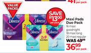 Libresse Maxi Pads Duo Pack 16 Maxi Goodnight, 18 Maxi Long, 20 Maxi Regular-Per Pack