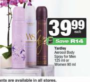 Yardley Aerosol Body Spray For Men 125ml Or Women 90ml-Each