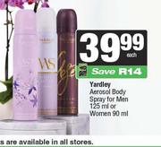 Yardley Aerosol Body Spray For Men 125ml Or Women 90ml-Each
