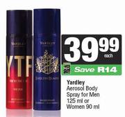 Yardley Aerosol Body Spray For Men 125ml Or Women 90ml-Each