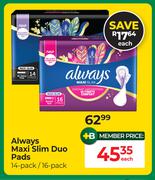 Always Maxi Slim Duo Pads 14 Pack/16 Pack-Each
