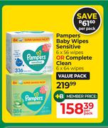 Pampers Baby Wipes Sensitive 6 x 56 Wipes Or Complete Clean 6 x 64 Wipes-Per Pack