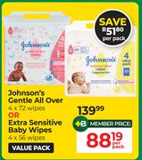 Johnson's Gentle All Over 4 x 72 Wipes Or Extra Sensitive Baby Wipes 4 x 56 Wipes-Per Pack