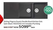 Stirling Magma Quartz Double Bowl Kitchen Sink Satin Black 1160 x 500mm-Each