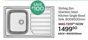 Stirling Zen S/Steel Kitchen Single Bowl Sink 800 x 500mm-Each