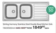 Stirling Harmony S/Steel Double Bowl Kitchen Sink 1160 x 500mm-Each