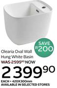 Olearia Oval Wall Hung White Basin 420 x 300mm-Each