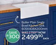 Butler Plain Single Bowl Kitchen Sink 605 x 408 x 200mm-Each