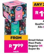 Great Value Maxi Pads Regular Or Super-8s Each