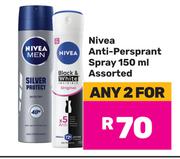 Nivea Anti Perspirant Spray Assorted-For 2 x 150ml