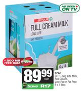 Spar UHT Long Life Milk, Full Cream, Low Fat Or Fat Free 6 x 1Ltr-Each