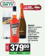 Aperol Aperitivo Liqueur 750ml & Cinzano Pro Spritz Dry 750ml & Schweppes Soda Water 1L-Per Combo