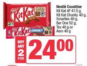 Nestle Countline Kitkat 4F 41.5g,Kitkat Chunky 40g,Smarties 40g,Barone 52g,Tex 40g Or Aero 40g-For 2