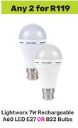 Lightworx 7W Rechargeable A60 LED E27 or B22 Bulbs-For Any 2