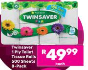 Twinsaver 1Ply Toilet Tissue Rolls (500 Sheets)-8's Pack Each