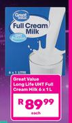 Great Value Long Life UHT Full Cream Milk-6 x 1L