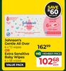 Johnson's Gentle All Over  Or Extra Sensitive Baby Wipes-Per Pack