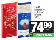 Lindt Excellence Or Lindor Singles 100g-Each