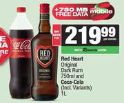 Red Heart Original Dark Rum 750ml & Coca Cola 1L-Both For
