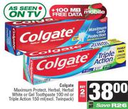 Colgate Maximum Protect, Herbal, Herbal White or Gel Toothpaste 100ml Or Triple Action 150ml-For 2