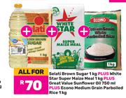 Selati Bn Sugar 1Kg+WhiteStar Maize Meal 1Kg+GreatValue Sunflower Oil 750ml&Econo Parboiled Rice 1Kg