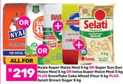 Nyala/Super Sun/Iwisa Maize Meal 5Kg + Snowflake Cake Flour 5Kg & Selati Brown Sugar 5kg-For All