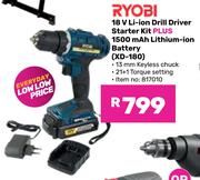 Ryobi 18V Li-Ion Drill Driver Starter Kit Plus 1500 mAh Lithium-Ion Battery XD-180