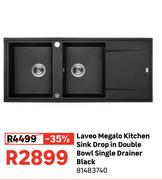 Laveo Megalo Kitchen Sink Drop in Double Bowl Single Drainer Black