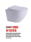 Toilet Wall Hung Set Solo Bali with Rimless Flash and Soft Close Toilet Seat