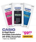 Casio 8-Digit Basic Portable Calculator (HI-815L) Assorted 408787-Each