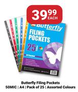 Butterfly Filing Pockets 50MIC, A4 (Pack Of 25) In Assorted Colours