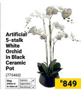 Artificial 5-Stalk White Orchid In Black Ceramic Pot 775460