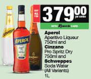 Aperol Aperitivo Liqueur 750ml & Cinzano Pro Spritz Dry 750ml & Schweppes Soda Water 1L-Both For