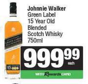 Johnnie Walker Green Label 15 Year Old Blended Scotch Whisky-750ml Each