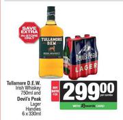 Tullamore D.E.W Irish Whiskey 750ml Anfd Devil's Peak Lager Handies 6 x 330ml-Per Combo