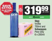 Skyy Vodka 750ml & Schweppes Pink Only 6 x 200ml-Both For