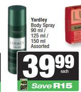Yardley Body Spray Assorted-90ml/125ml/150ml Each