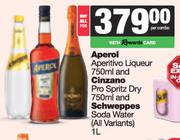 Aperol Aperitivo Liqueur 750ml & Cinzano Pro Spritz Dry 750ml & Schweppes Soda Water 1Ltr-For All 3