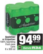 Appletiser Or Grapetiser 100% Sparkling Fruit Juice Cans-6 x 300ml Per Pack