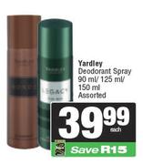 Yardley Deodorant Spray 90ml/125ml/150ml Assorted-Each