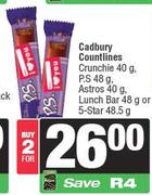 Cadbury Countlines Crunchie 40g,P.S 48g,Astros 40g,Lunch Bar 48g Or 5 Star 48.5g-For 2